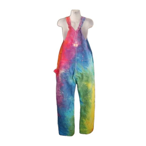 Roundhouse Vintage Tie Dye Overalls 40x31 Blue Orange Green Yellow Rainbow - Picture 2 of 6